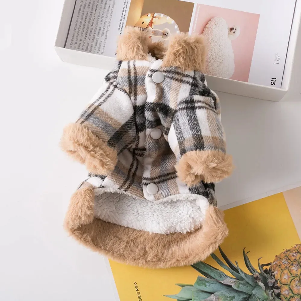 Winter Pet Jacket Clothes Grid Warm Small Dogs Clothing With Fur Collar Cotton Pet Outfits