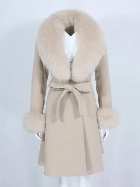 Winter Women Cashmere Wool Blend Coat Long Jacket Belted Natural Fox Fur Collar Cuffs Streetwear