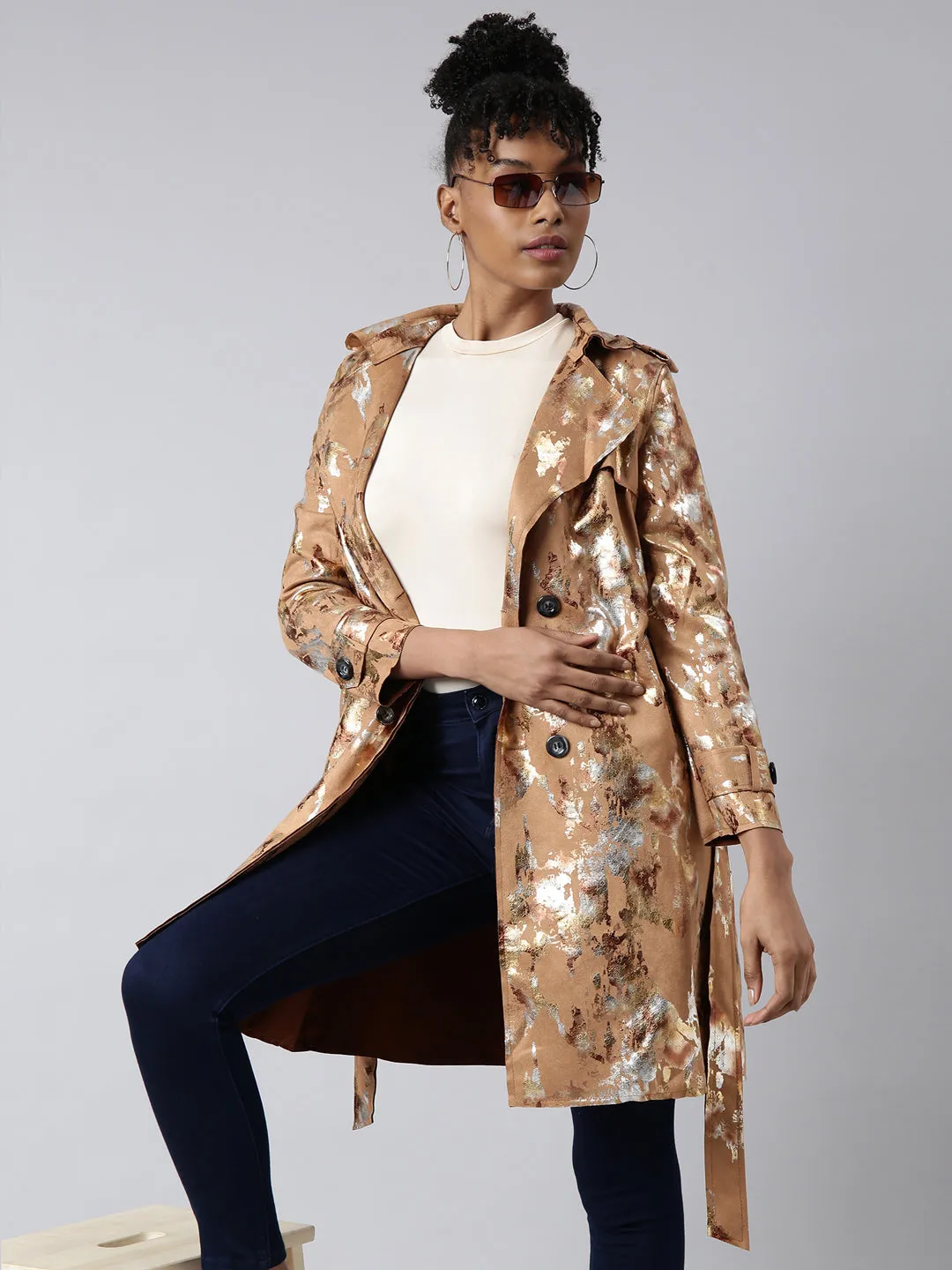 Women Abstract Longline Camel Brown Trench Coat