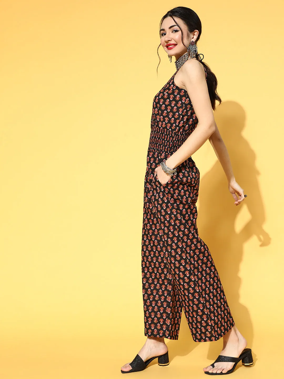 Women Black Pure Cotton Printed Jumpsuit