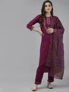 Women Burgundy & Mustard Yellow Ethnic Motifs Kurta With Trousers & Dupatta