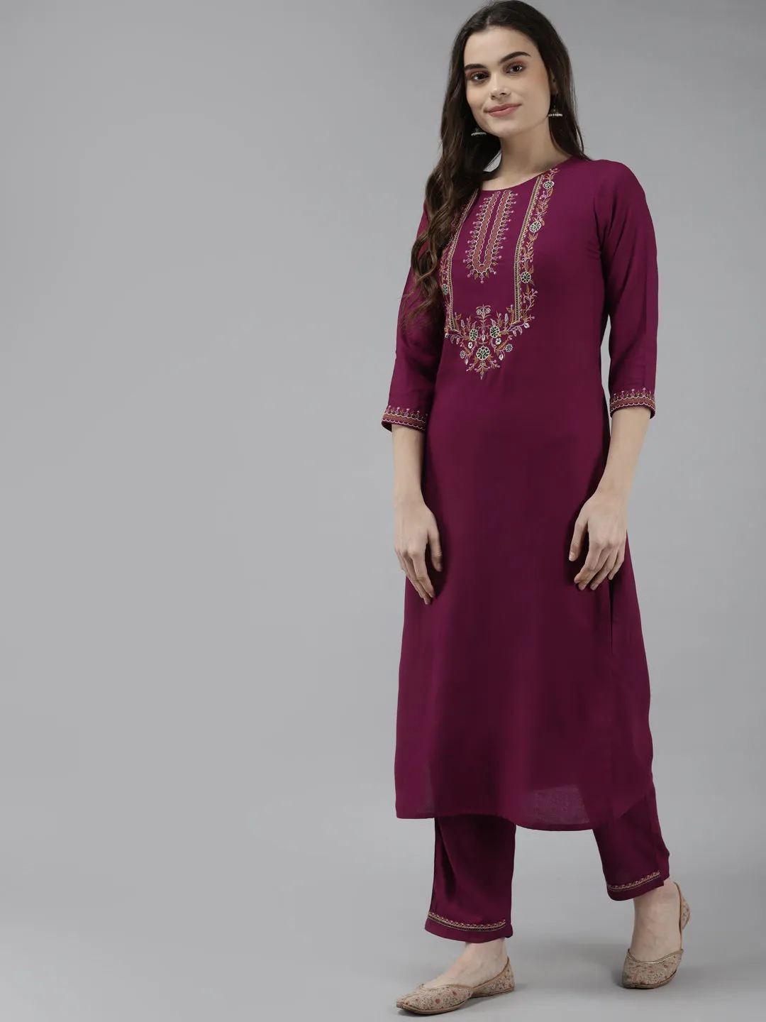 Women Burgundy & Mustard Yellow Ethnic Motifs Kurta With Trousers & Dupatta