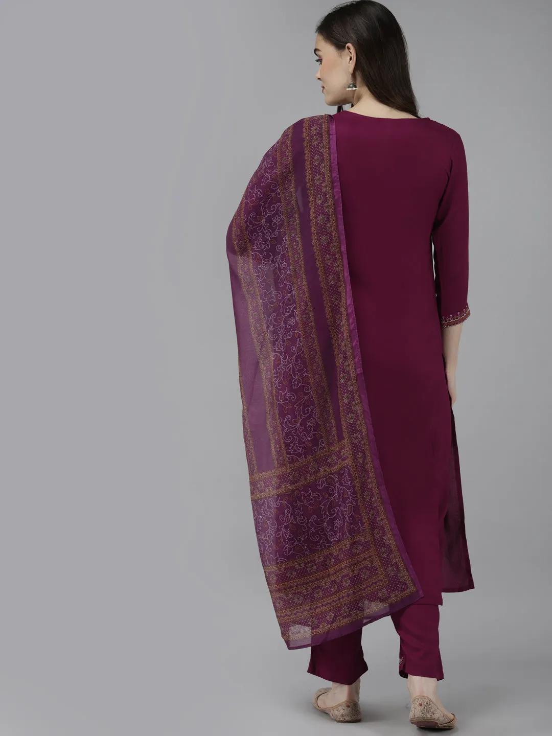 Women Burgundy & Mustard Yellow Ethnic Motifs Kurta With Trousers & Dupatta