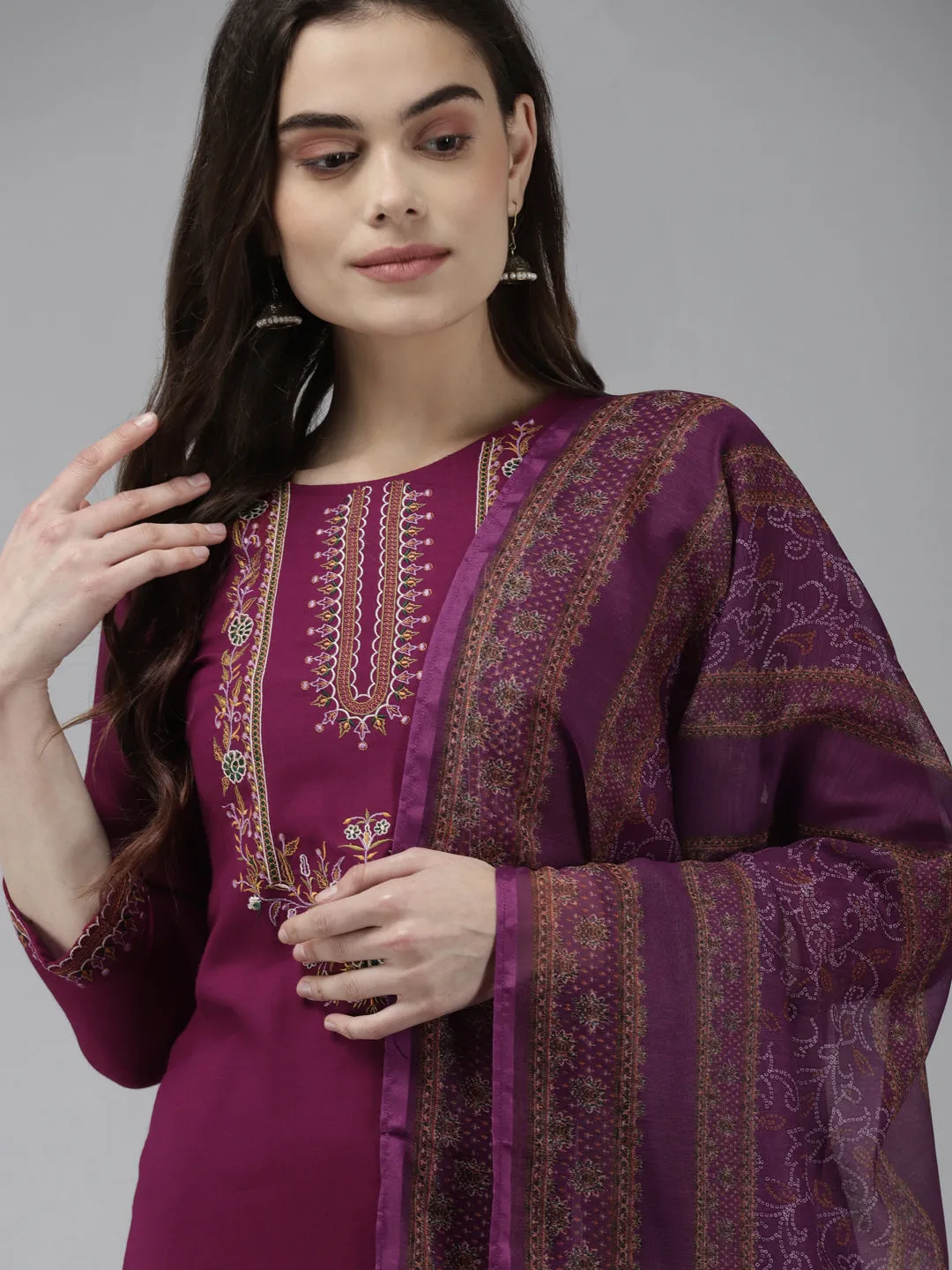 Women Burgundy & Mustard Yellow Ethnic Motifs Kurta With Trousers & Dupatta