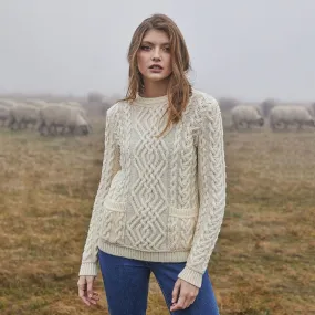 Women Crew Neck Irish Aran Sweater with Pockets