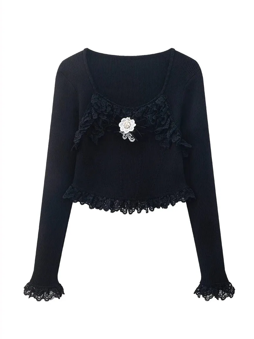 Women Fashion With Rhinestone Bow Crop Ribbed Knit Blouses Y2K O Neck Long Sleeve Female Knitting Sweater Tops With Lace  C-291