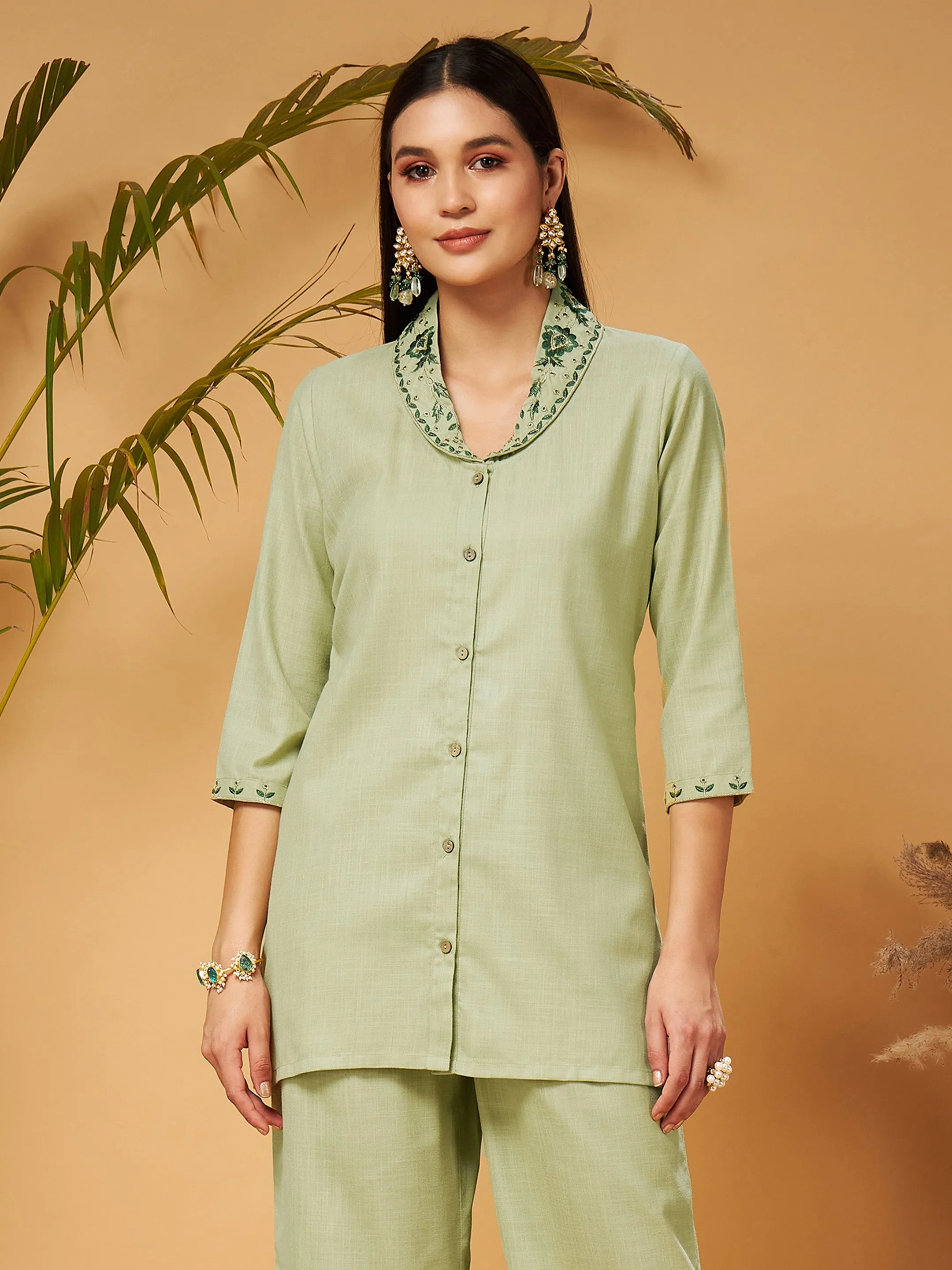 Women Olive Zari Embroidered Shawl Collar Top With Palazzos