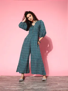 Women Teal Blue Pure Cotton Jumpsuit