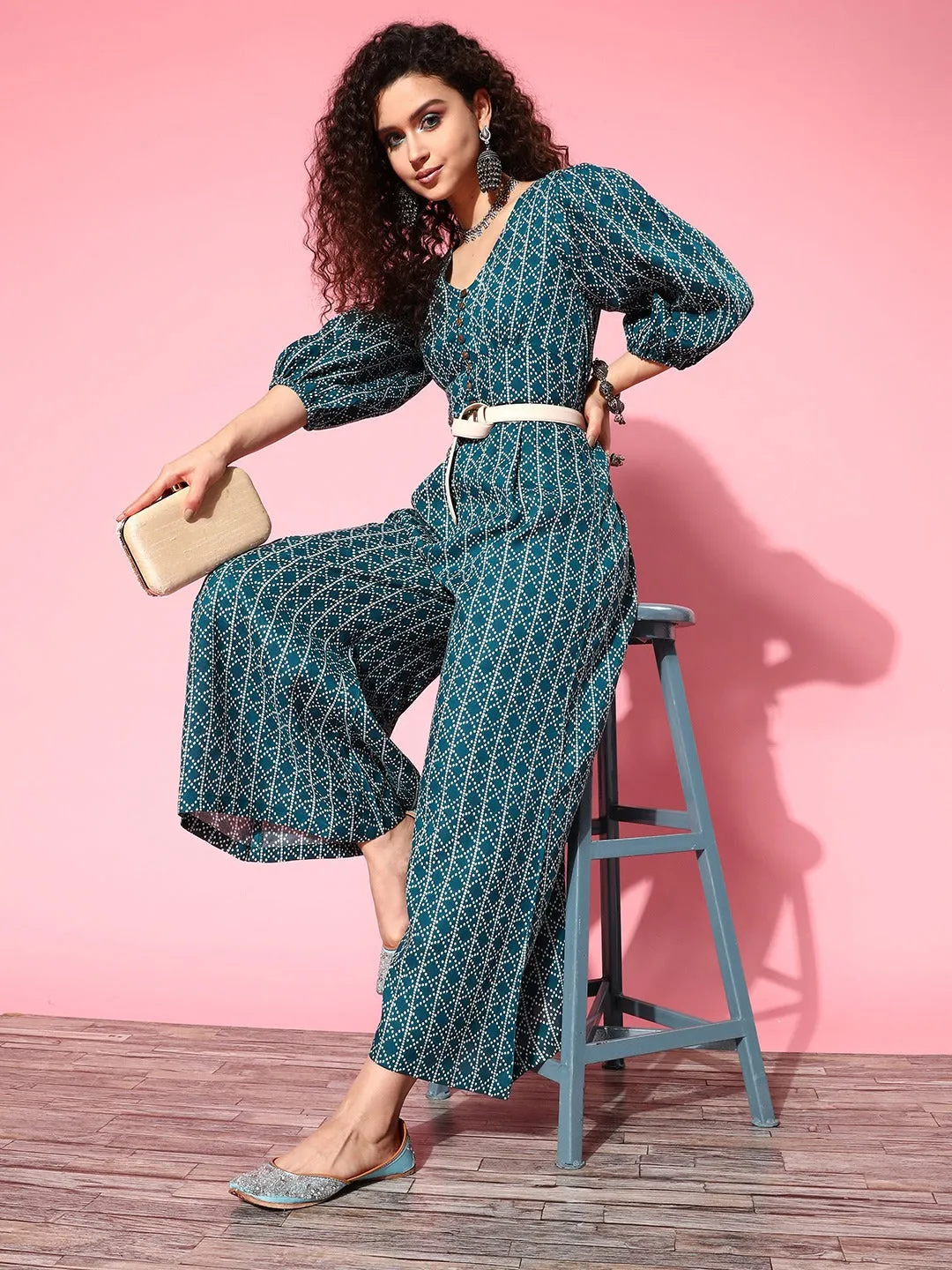 Women Teal Blue Pure Cotton Jumpsuit