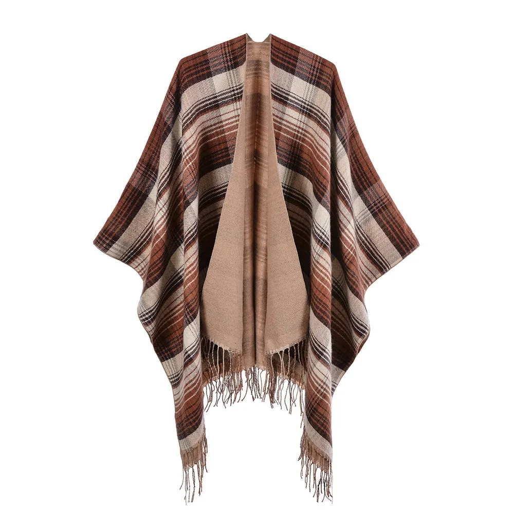 Women's classic color plaid cape with cashmere tassels thickened for warmth