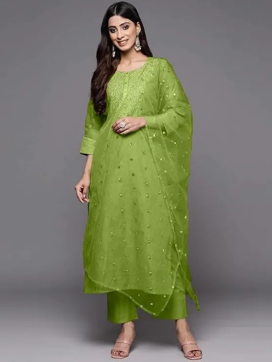 Womens Green Poly Silk Embroidery Kurta Pant Set With Dupatta