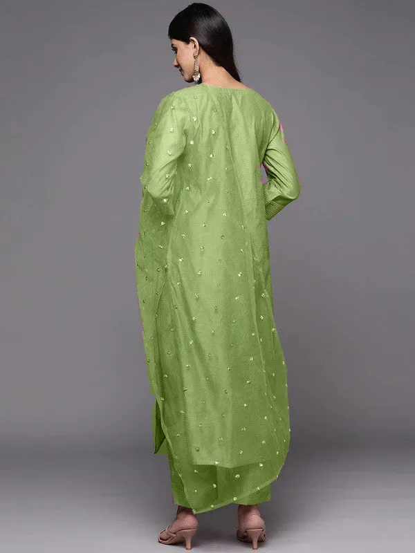 Womens Green Poly Silk Embroidery Kurta Pant Set With Dupatta