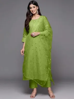 Womens Green Poly Silk Embroidery Kurta Pant Set With Dupatta