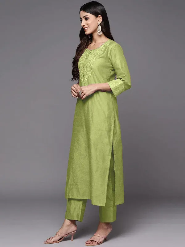 Womens Green Poly Silk Embroidery Kurta Pant Set With Dupatta