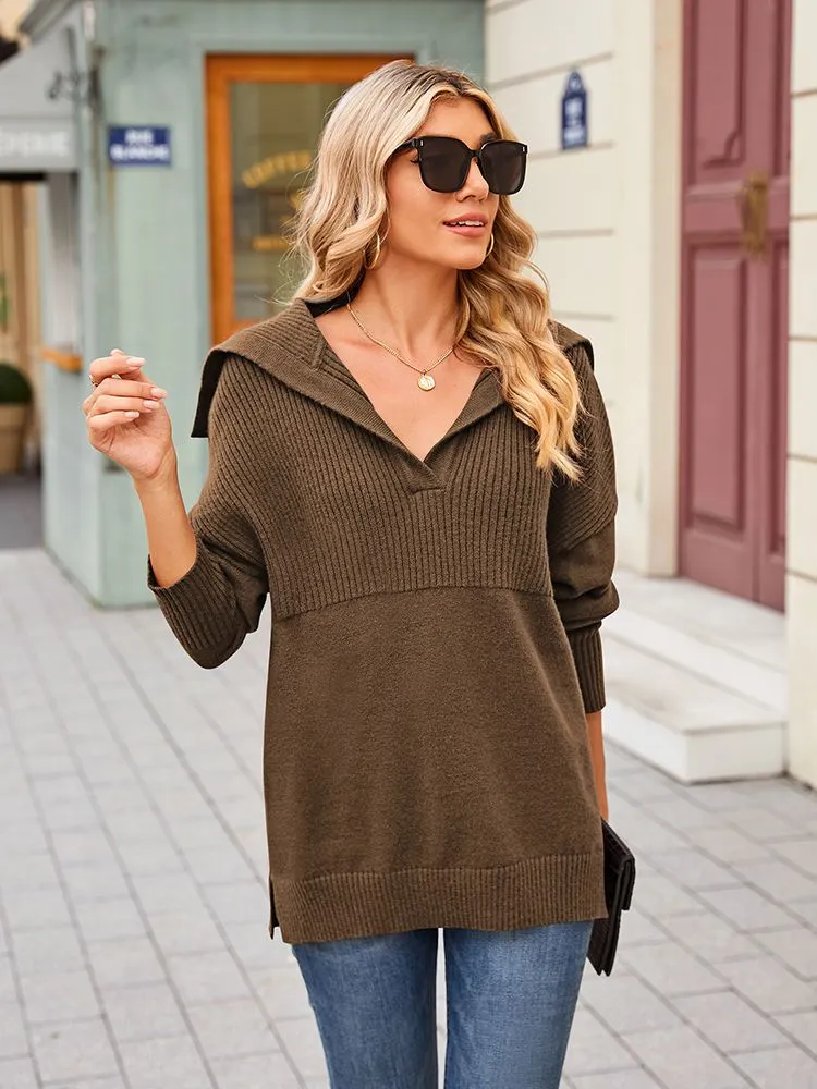 Women's Lapel Collar V Neck Long Sleeve Ribbed Knit Pullover Jumper Tops