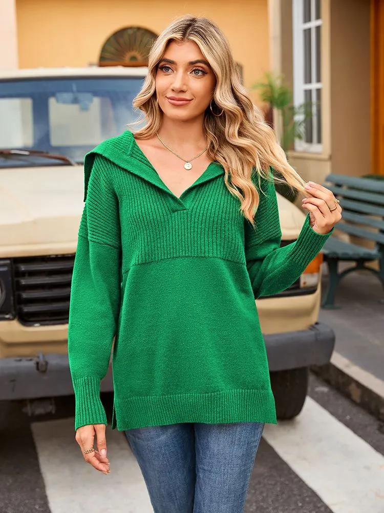 Women's Lapel Collar V Neck Long Sleeve Ribbed Knit Pullover Jumper Tops