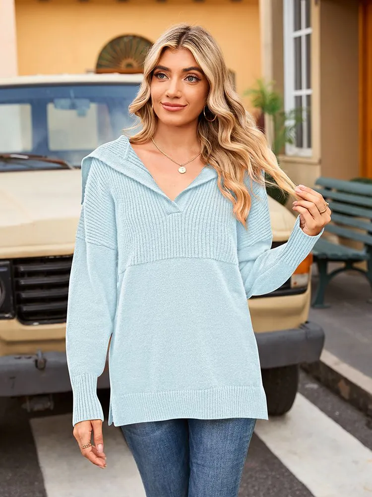 Women's Lapel Collar V Neck Long Sleeve Ribbed Knit Pullover Jumper Tops