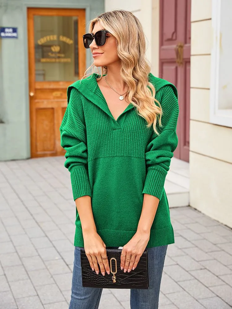 Women's Lapel Collar V Neck Long Sleeve Ribbed Knit Pullover Jumper Tops