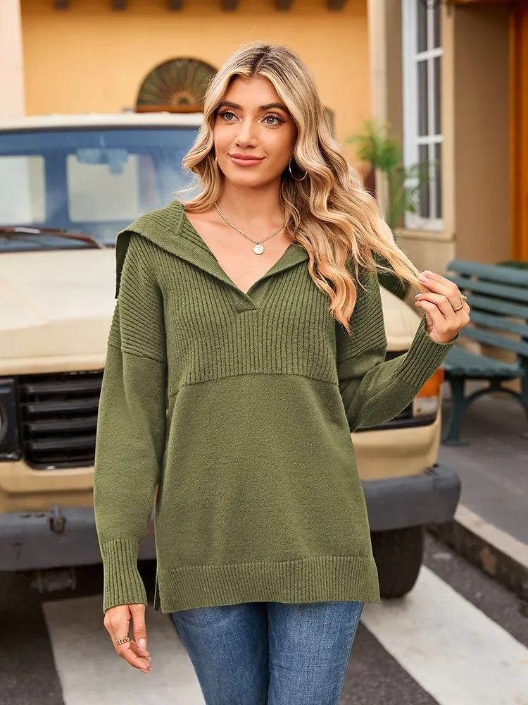 Women's Lapel Collar V Neck Long Sleeve Ribbed Knit Pullover Jumper Tops