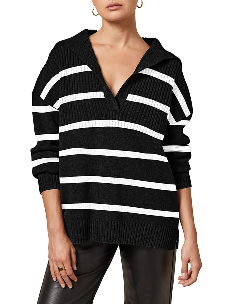 Women's Lapel Collar V Neck Long Sleeve Ribbed Knit Pullover Jumper Tops