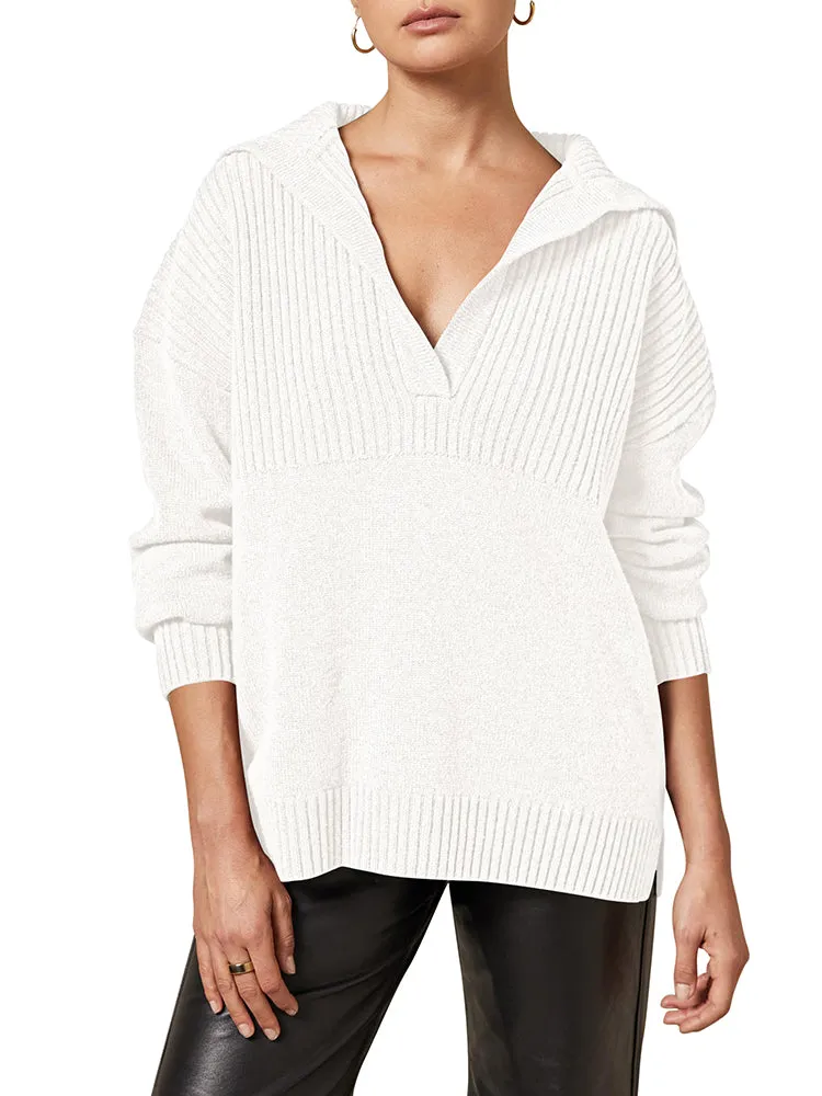 Women's Lapel Collar V Neck Long Sleeve Ribbed Knit Pullover Jumper Tops