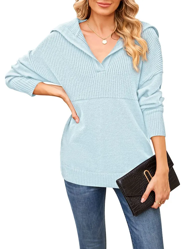 Women's Lapel Collar V Neck Long Sleeve Ribbed Knit Pullover Jumper Tops