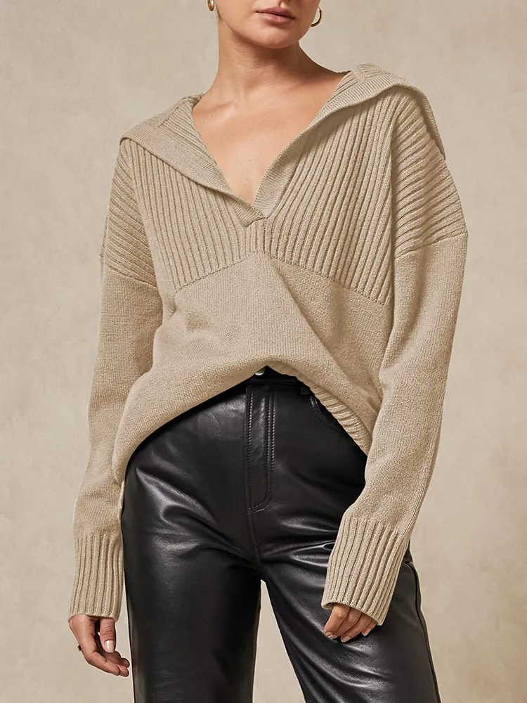 Women's Lapel Collar V Neck Long Sleeve Ribbed Knit Pullover Jumper Tops