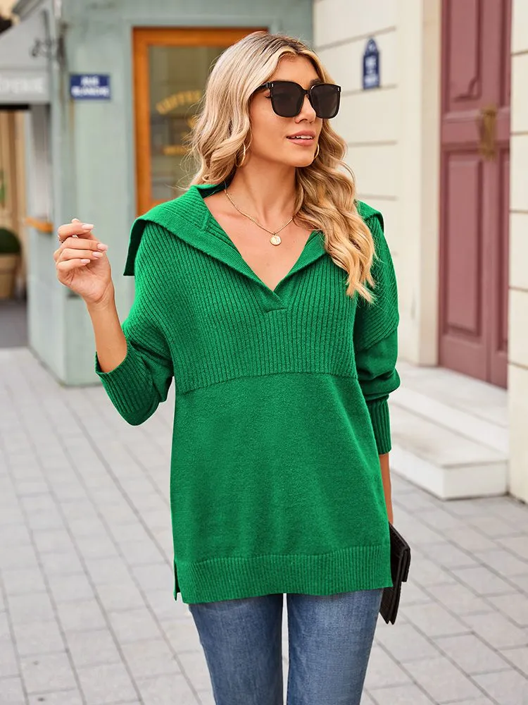 Women's Lapel Collar V Neck Long Sleeve Ribbed Knit Pullover Jumper Tops