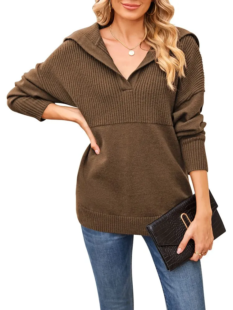 Women's Lapel Collar V Neck Long Sleeve Ribbed Knit Pullover Jumper Tops