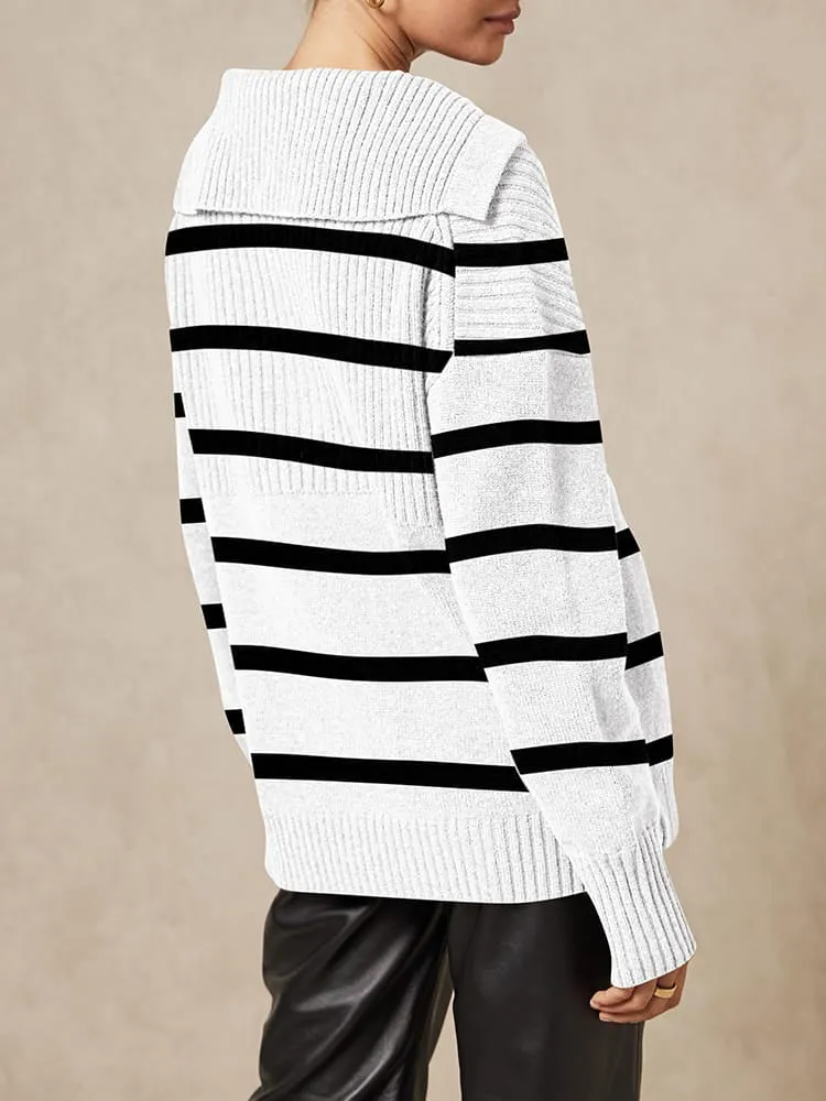 Women's Lapel Collar V Neck Long Sleeve Ribbed Knit Pullover Jumper Tops