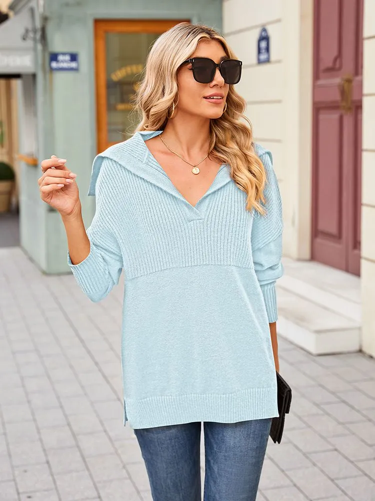 Women's Lapel Collar V Neck Long Sleeve Ribbed Knit Pullover Jumper Tops