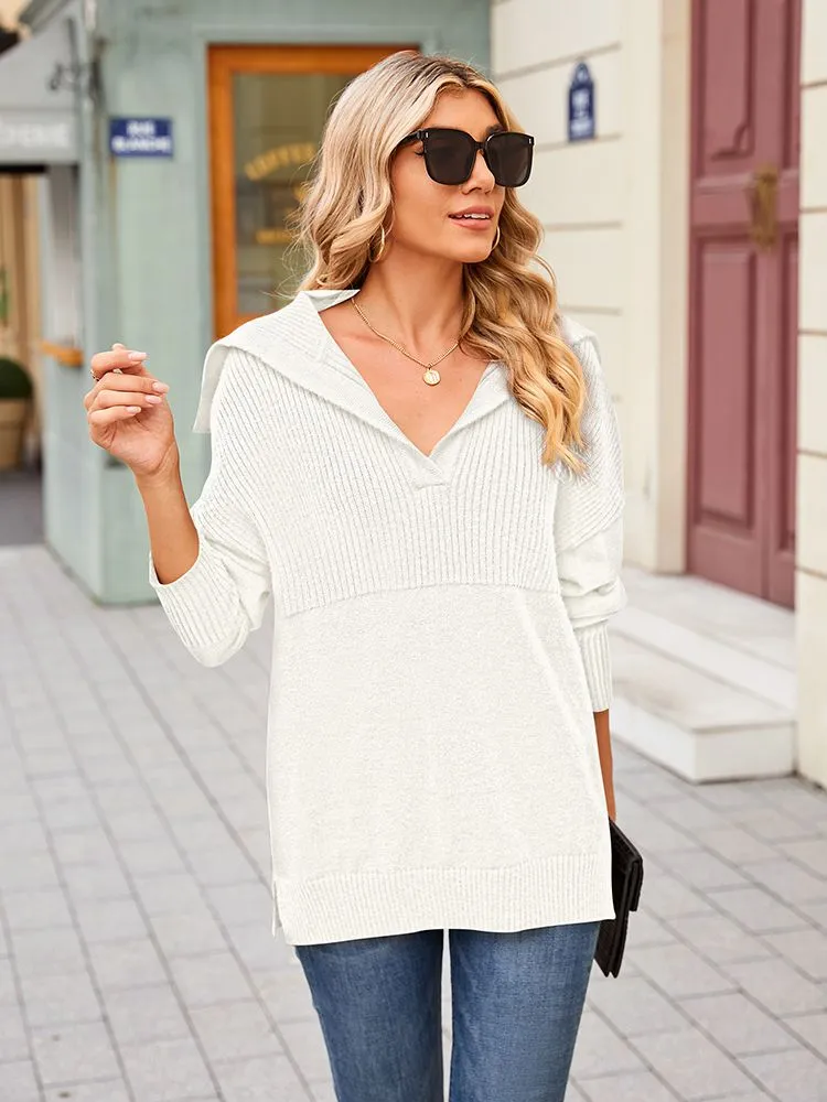 Women's Lapel Collar V Neck Long Sleeve Ribbed Knit Pullover Jumper Tops