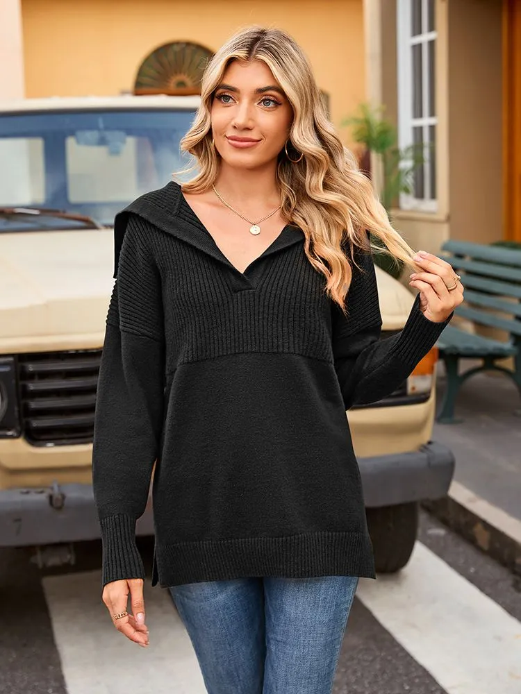 Women's Lapel Collar V Neck Long Sleeve Ribbed Knit Pullover Jumper Tops