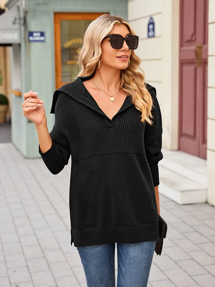 Women's Lapel Collar V Neck Long Sleeve Ribbed Knit Pullover Jumper Tops