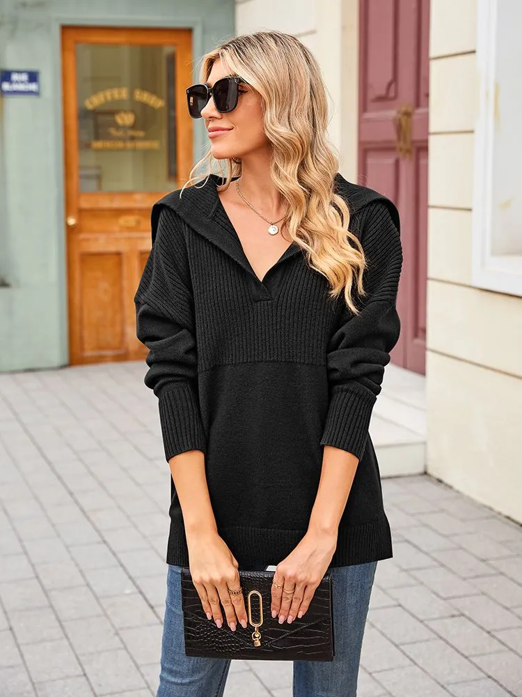 Women's Lapel Collar V Neck Long Sleeve Ribbed Knit Pullover Jumper Tops