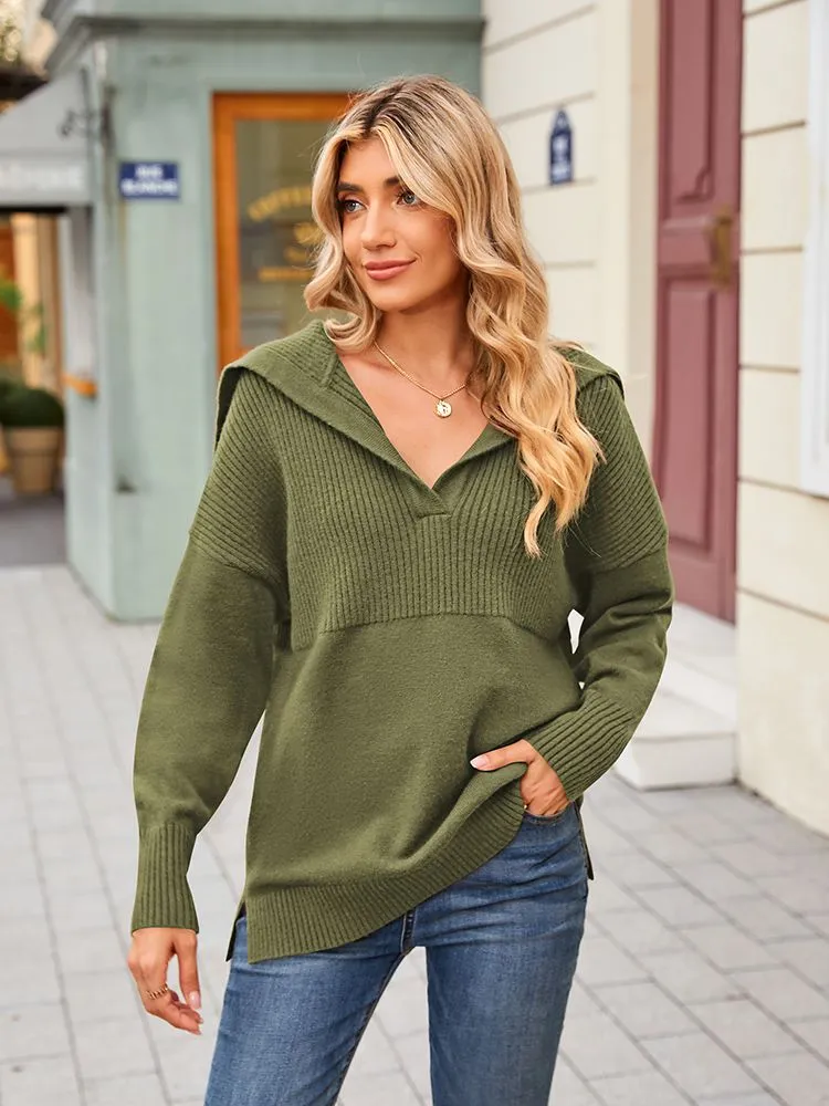 Women's Lapel Collar V Neck Long Sleeve Ribbed Knit Pullover Jumper Tops