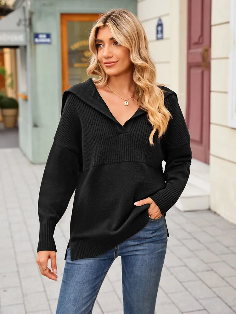 Women's Lapel Collar V Neck Long Sleeve Ribbed Knit Pullover Jumper Tops