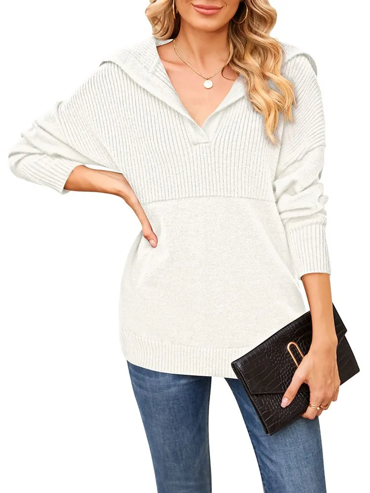 Women's Lapel Collar V Neck Long Sleeve Ribbed Knit Pullover Jumper Tops