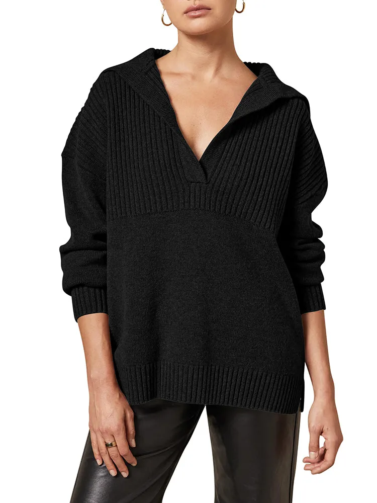 Women's Lapel Collar V Neck Long Sleeve Ribbed Knit Pullover Jumper Tops