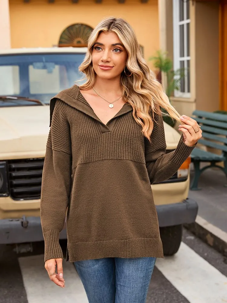 Women's Lapel Collar V Neck Long Sleeve Ribbed Knit Pullover Jumper Tops