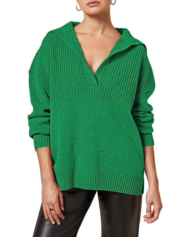 Women's Lapel Collar V Neck Long Sleeve Ribbed Knit Pullover Jumper Tops