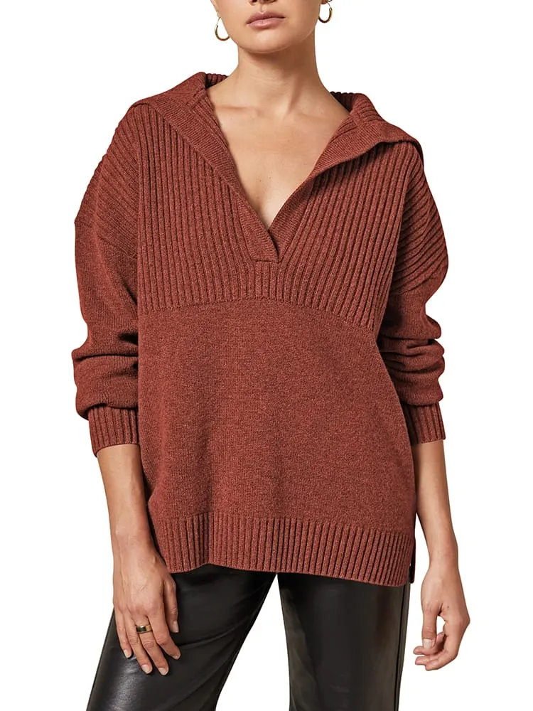 Women's Lapel Collar V Neck Long Sleeve Ribbed Knit Pullover Jumper Tops