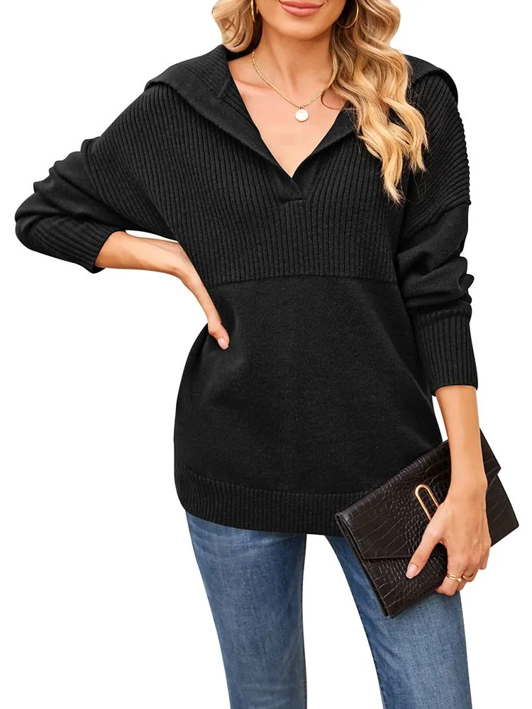 Women's Lapel Collar V Neck Long Sleeve Ribbed Knit Pullover Jumper Tops