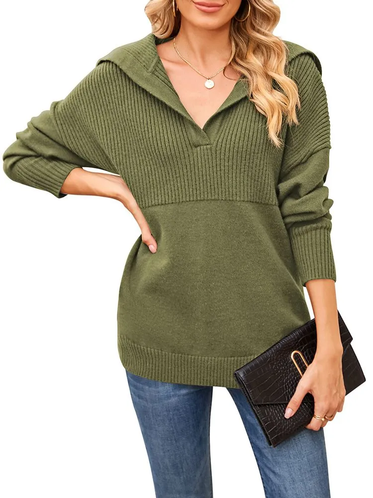 Women's Lapel Collar V Neck Long Sleeve Ribbed Knit Pullover Jumper Tops