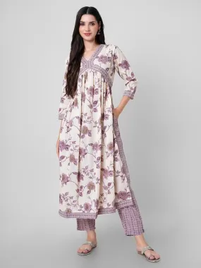 Womens Lavender Cotton Floral Printed Kurta Set With Dupatta