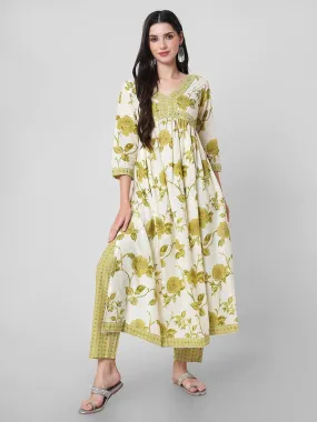 Womens Mehendi Cotton Floral Printed Kurta Set With Dupatta