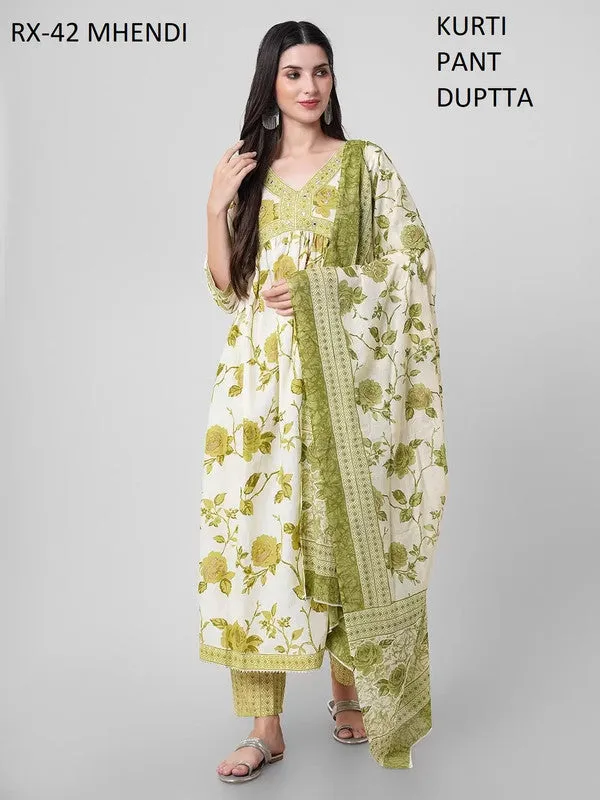 Womens Mehendi Cotton Floral Printed Kurta Set With Dupatta