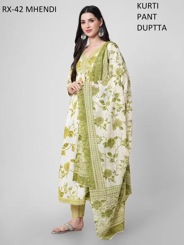 Womens Mehendi Cotton Floral Printed Kurta Set With Dupatta