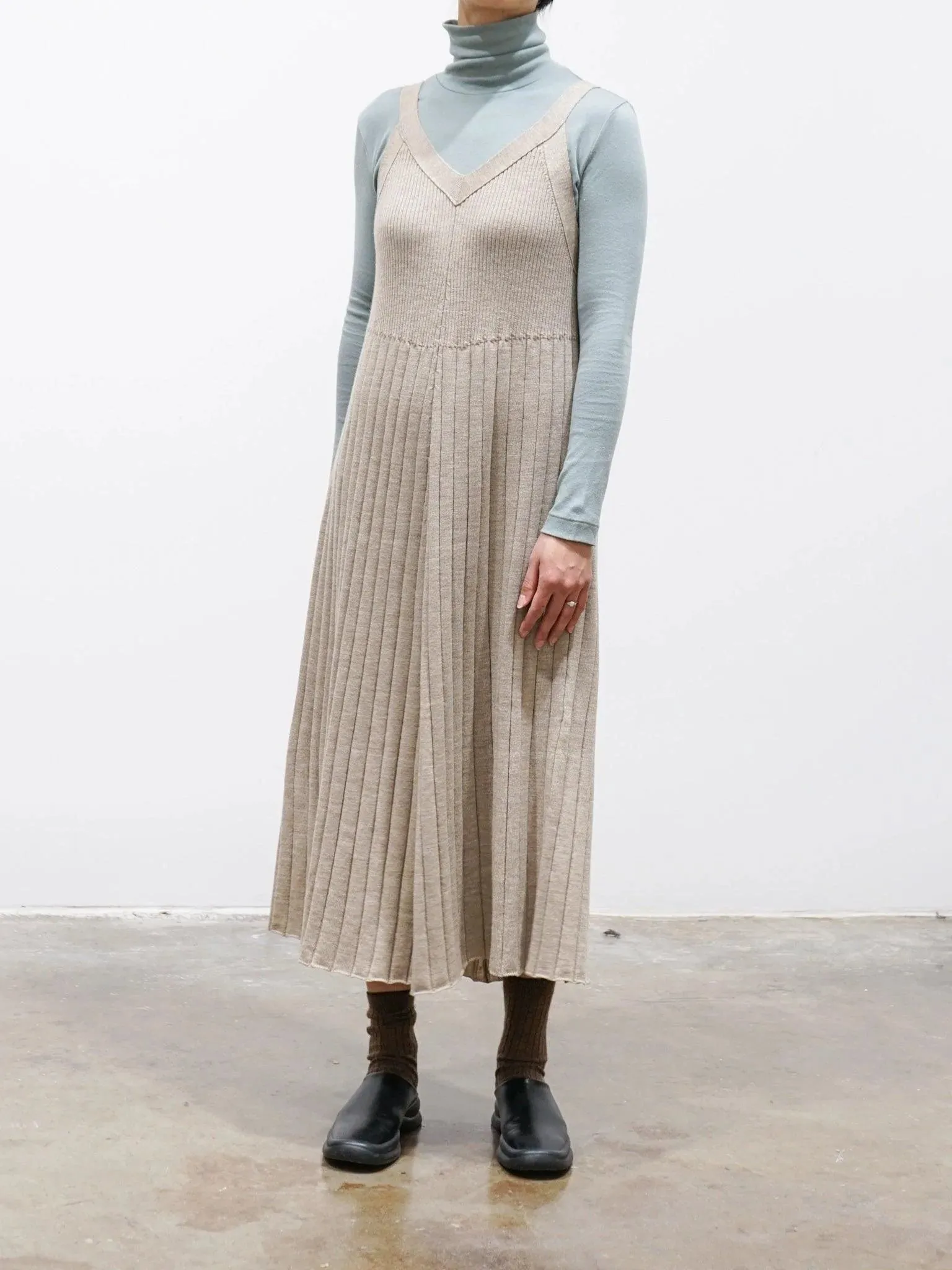 Worsted Wool Knit Camisole Dress - Beige