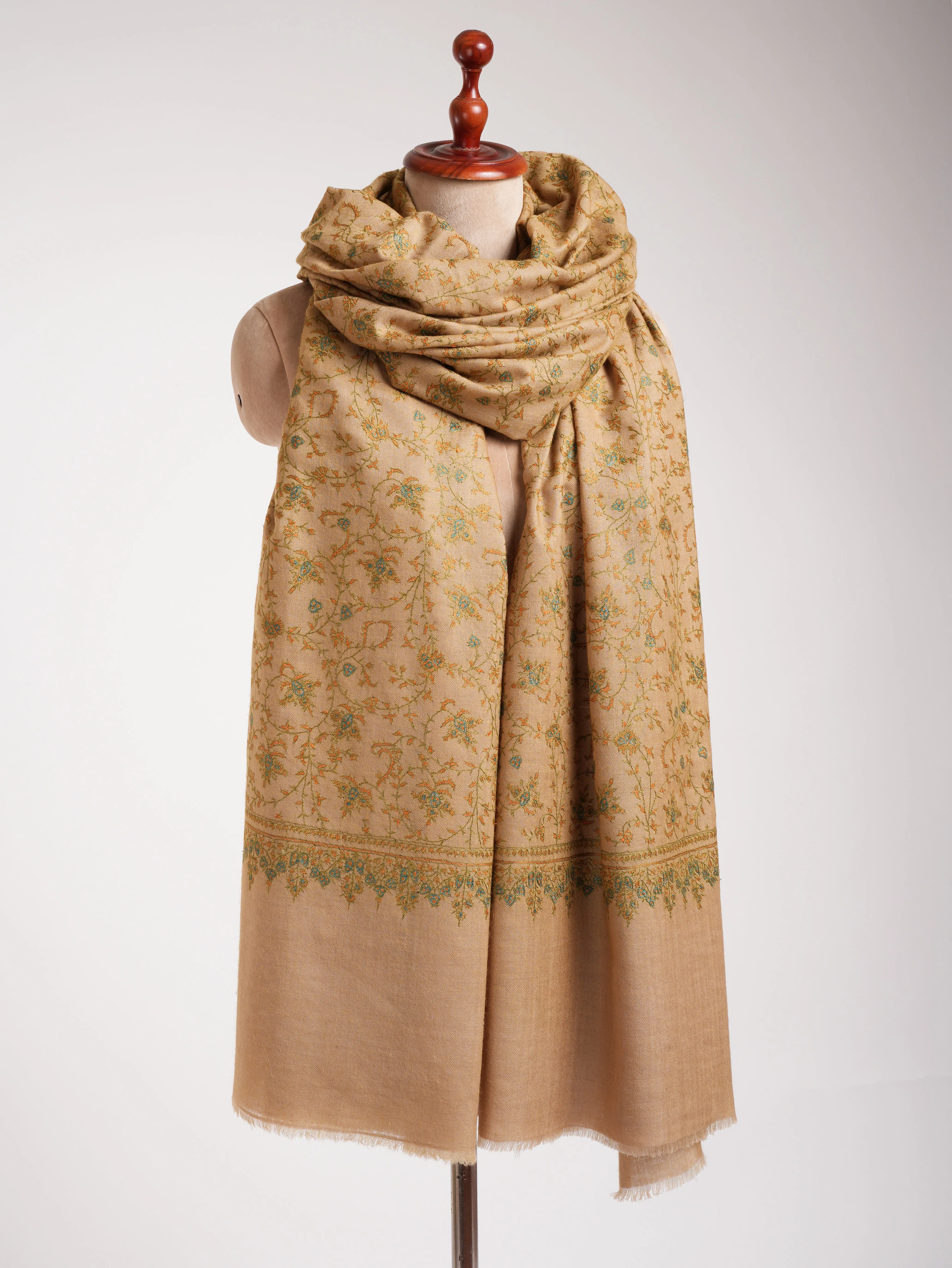 XL Golden Palm Authentic Indian Pashmina with Sozni Embroidery.